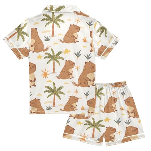 ALAZA Capybara Palm Tree Satin Pajamas Set Short Sleeve Button Down Sleepwear Summer Pjs 2 Piece2