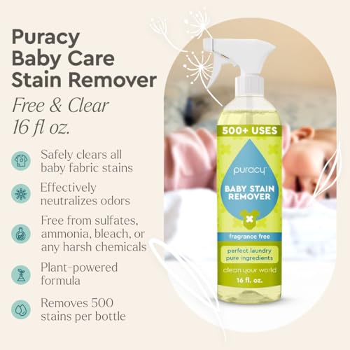 puracy stain remover for baby clothes and cloth diapers newborn baby essentials must haves enzyme-based laundry spray natural spot and odor cleaner 16 oz