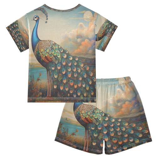 ALAZA Peacock Artwork Bird Pajamas Set Short Sleeve Cotton Sleepwear Summer Pjs 2 Piece 5-14Y2