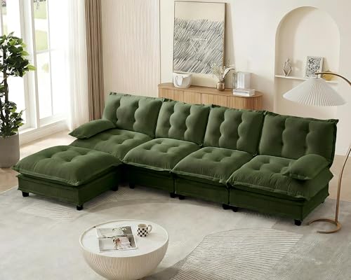 Image of 139 inch Sectional Sleeper Sofa with Ottoman, L Shaped Modular Deep Seat Couches for Living Room Apartment, Flexible Module Combination Cloud Sofa with Spring Support, Easy Assembly, Dark Green