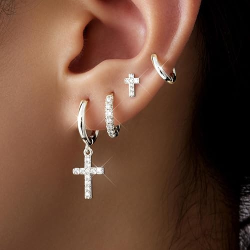 Image of Small Gold Huggie Hoop Earrings Set for Women Men Hypoallergenic 14K Plated Stack Cartilage Earrings, Sterling Silver Multiple Piercing Lightweight Mini Thin Cute Dainty Trendy Jewelry Gifts for Women