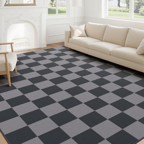 SOANNY Alfombra salón Pelo Corto súper Suave patrón Cuadros Lavable Antideslizante para salón Dormitorio habitación Infantil Comedor Oficina Negro Gris 120x170 cm
