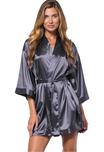 Image of Turquaz Women's Bride Bridesmaids Robe - Satin Kimono Robes for Wedding & Bridal Party Silk Like Lightweight Robes for Women, Charcoal, XX-Large
