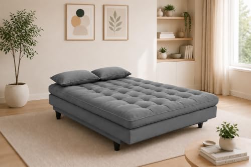Image of 3-Seater Velvet Sofa Cum Bed | Tufted Convertible Sleeper Sofa | Plush Cushioned Seating | Space-Saving Design for Living Room, Bedroom & Office | Grey