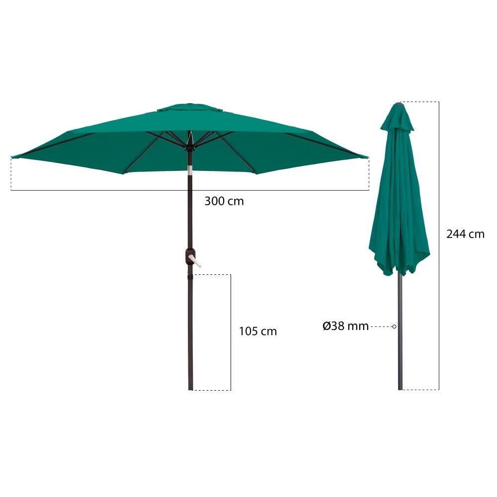 Parasol de jardín inclinable de 300cm con mástil de aluminio de 38mm | Sombrilla con antiviento y manivela. Mástil resistente con tratamiento anticorrosión. Para jardín o terraza. Altura 250cm