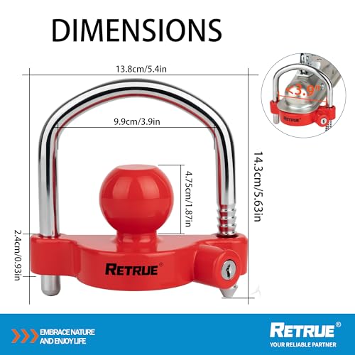 Image of RETRUE Universal Coupler Lock Trailer Locks Ball Hitch Trailer Hitch Lock Adjustable Security Heavy-Duty Steel Fits 1-7 /8 Inch, 2 Inch, 2-5 /16 Inch Couplers, Red