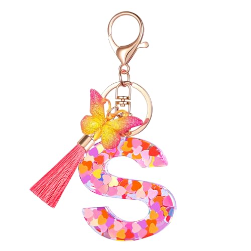Suweibuke Colourful Cute Initial Letter Keychains for Women Girls with Tassel Butterfly, Charm for Purse Backpacks Handbags Schoolbags (Colorful Pink-S)
