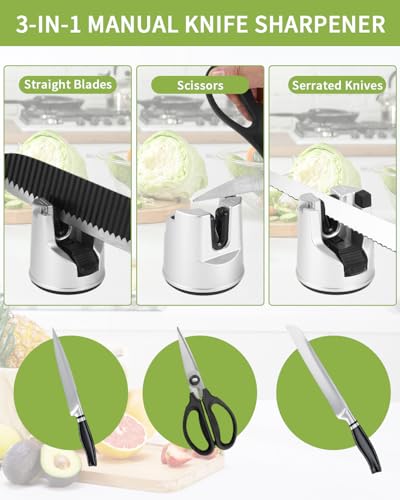 Knife Sharpener, Multifunktionale Saugnäpfe -Fixierung Messerschleifer, Einziehbarer V-Slot mit Polierstab Messer Schärfer, Geeignet für Gerade Klingen, Scheren und Gezackte Messer (Silber)