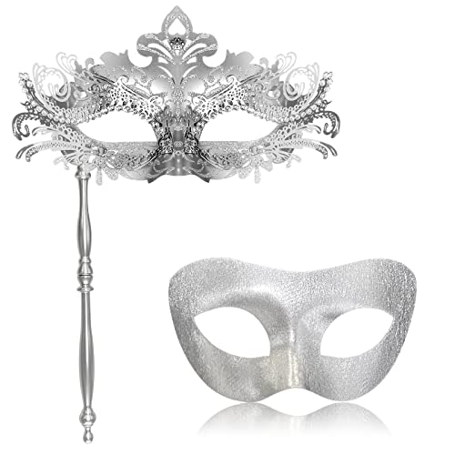 FunMular Couple Masquerade Mask with Holding Stick Metal Masks Halloween Costume Venetian Mardi Gras Mask for Women and Men (Silver)