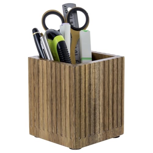 MyGift Premium Acacia Solid Wood Pen Pencil Cup with Textured