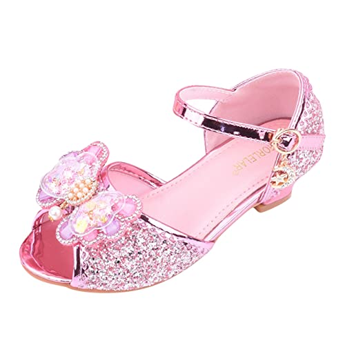 Casa para niños pequeños con sandalias brillantes, zapatos de princesa con lazo, tacones altos, zapatos de princesa, Pink, 11.5 UK Child 3X-Narrow