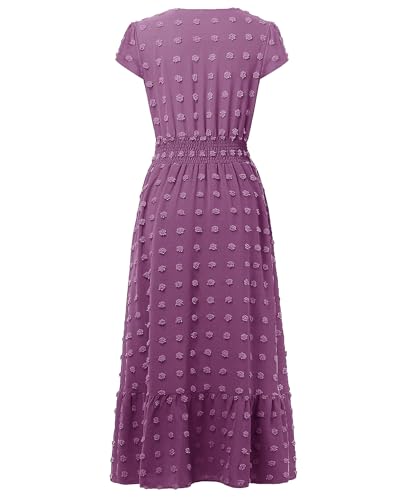 Image of CzzzyL Women Nursing Boho Maxi Dresses Cap Short Sleeve V Neck Swiss Dot High Waisted A-Line Ruffle Tiered with Pockets