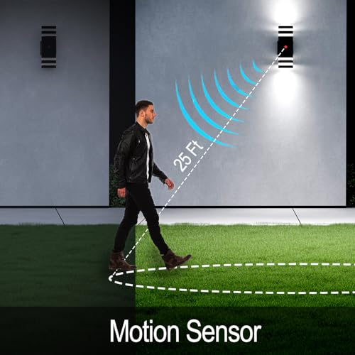 Image of Motion Sensor Outdoor Wall Lights, Cold Light with PIR Body Sensor, Black Aluminum Up & Down Porch Sconce, GU10 LED Bulbs Included, ETL Listed, Dusk to Dawn Garage & Garden Lighting Fixture