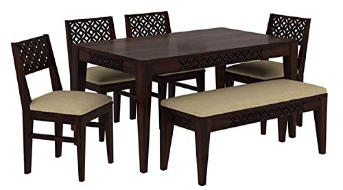 Image of Wooden Sheesham Wood Dining Table 6 Seater | with 4 Chairs 1 Bench | Walnut