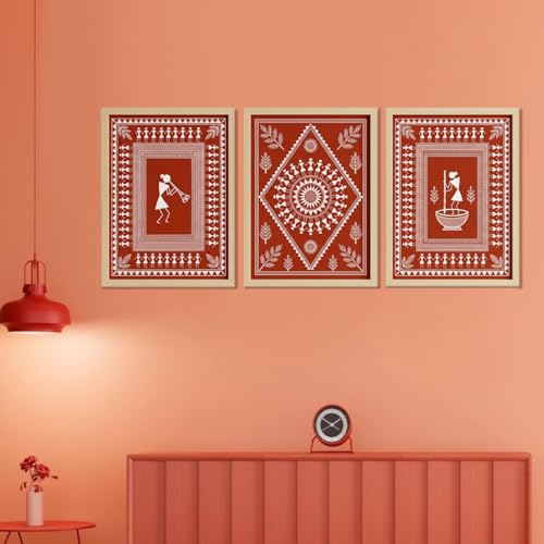 Image of ARAkri Warli Art Paintings, Red and Terracota color Wall Art set, Traditional Wall decor Ideas, Framed Art set of 3, Living Room Bedroom Decor (ART 6, 13 X 17 INCH)