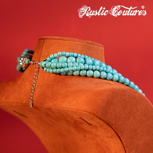 Image of Montana West Rustic Couture's Turquoise Collar Long Layered 2 Pieces Beaded Necklace Jewelry Set for Women Cowgirl Earrings RNS-1010TQ