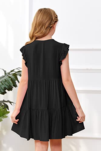 Mafulus Girls Ruffle Sleeve Dress Kids V Neck Button Down Tiered Swing A-Line Summer Beach Sundress Outfit 5-14T #TOP2