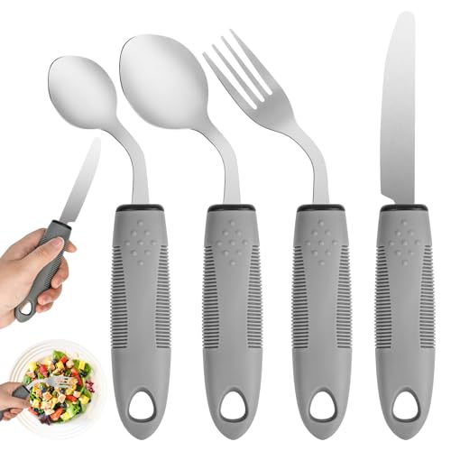 Pyserne Adaptives Besteckset, 4 Teiliges Griffverdickung Besteck 42° Gewinkelt Ergonomisches Gewichtetes Besteck für Handzittern-Rechtshänder...