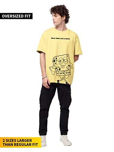 Image of The Souled Store|Official Spongebob: Like A Boss Mens and Boys T-Shirts|Loose fit Graphic Printed| 80% Cotton 20% Polyester Yellow Color Men Oversized T-Shirts