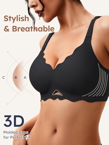 Image of Wireless Jelly Bras for Women No Underwire - S-2XL Seamless T-Shirt Bra with Support Full Coverage Comfort Bralette, Black+Pink, S