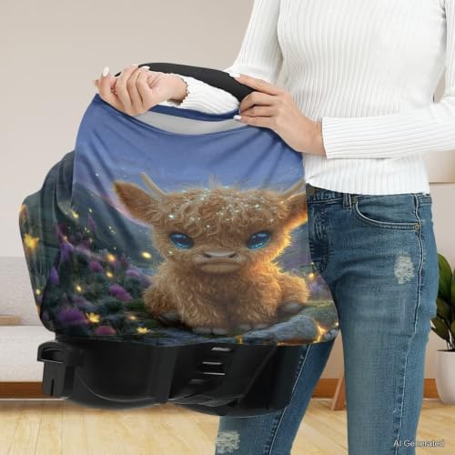 Image of Wanyint Car Seat Cover for Boys Girls, Nursing Carseat Canopy Baby Breastfeeding Cover Multi-Use Nursing Scarf Infant Stroller Cover, Highland Cow Night