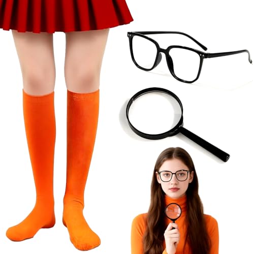 akiido Orange Knee High Socks Black Fake Round Glasses and Magnifying Glass Prop - 3PCS Halloween Cartoon Cosplay Costume Accessories Set for Women Adult