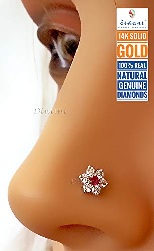 Diwani 14K Gold Gii Certified 6 Natural Si Diamonds And 1 Ruby Flower Indian Wedding Bridal Nose Piercing Ring Stud Screw Pin (0.09 Cents, G-H Color) 18 Gauge Thick 8.0Mm Length Post Pipe #TOP4