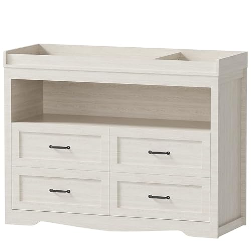 NEBZHASK Baby Dresser with 4 Drawers and 1 Open Shelf Changing Table Dresser with Changing Table Top Diaper Changing Station with Storage for Nursery Children's Room,Beige