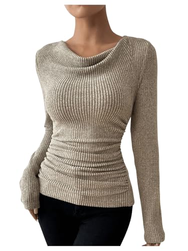SweatyRocks Women's Cowl Neck Long Sleeve T Shirts Draped Slim Fit Ribbed Knit Basic Tops