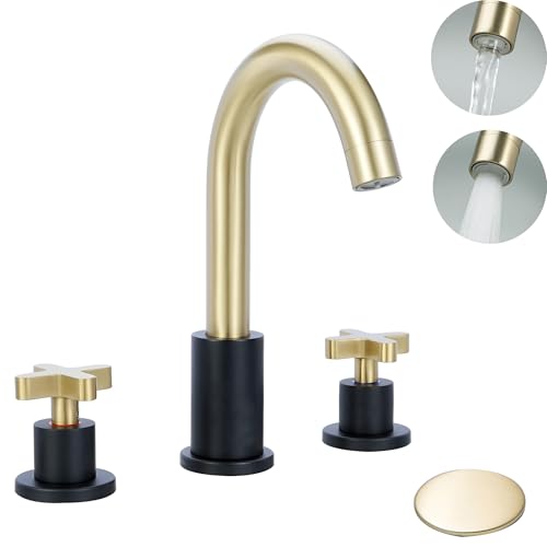 MR. FAUCET Grifo de fregadero de baño con 2 asas de 4 pulgadas con montaje de drenaje emergente, diseño rectangular de panel de cubierta (latón cepillado dorado)