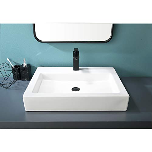 VALISY 25”x19” Inch Modern Above Counter Porcelain Ceramic White Rectangle Bathroom Vessel Sink, Vanity Lavatory Bath Countertop Art Basin Sinks with Single Faucet Hole