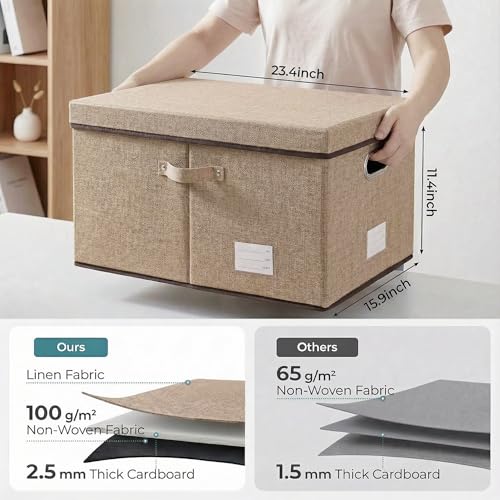 Image of PRANDOM Storage Bins with Lids [3-Pack] Jute Fabric Foldable Storage Boxes Organizer Containers Baskets Cube with Cover for Home Bedroom Closet Office Nursery khaki（23.4X15.9X11.5