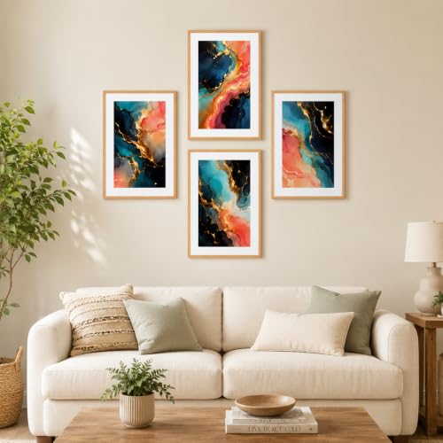 Image of Livin'luxe Set of 4 Abstract Marble Ink Wall Paintings with Sparkle Laminate and Premium Wooden Synthetic Frame for Living Room Bedroom Office Decor (13.5 x 19.5 Inch)