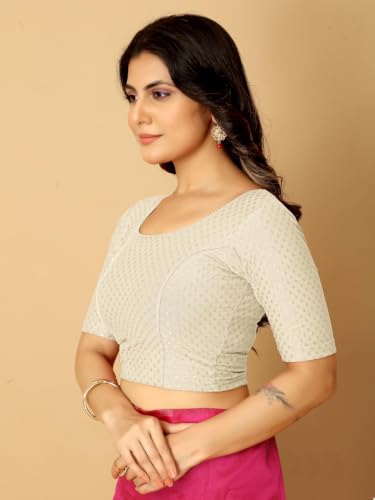 Image of Amazon Brand - Anarva Round Neck Dobby Cotton Lycra Stretchable Elbow Half Sleeve Readymade Saree Blouse for Women Stylish