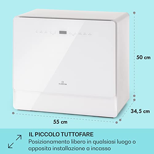 Klarstein Lavastoviglie 5 Coperti, Libera Installazione Silenziosa con 6 Programmi di Lavaggio, Piccola, Mini da Tavolo Compatta e Facile da Installare, Vetro, Bianco - 5