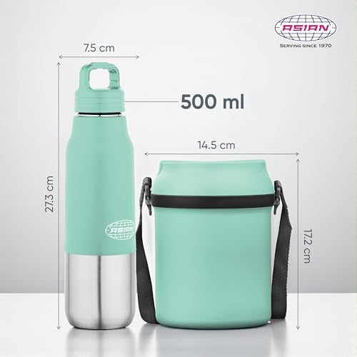 Image of Asian Stainless Steel Lunch Box (700ml) & Insulated Water Bottle (500ml) Combo Gift Set | Leakproof Steel Tiffin & Flask for Kids | BPA Free Back to School Essential Kit (Green)