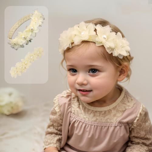 Rannyrena Baby Girls Lace Headband Handmade Flower Hair Band Infants Head Wrap Soft Elastic Pearl Floral Hairband for Newborn Toddler Kids Hair Accessories (Off white B, Adjustable)
