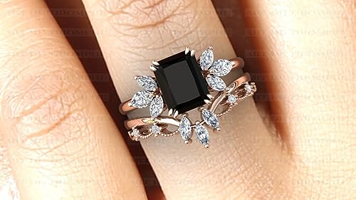 Vintage Black 1 CT Onyx Engagement Ring Set 2 Piece Black Onyx Bridal Ring Set Women Art Deco Unique Emerald Cut Black Onyx Wedding Ring Set Vintage Antique Anniversary Promise Ring Set4