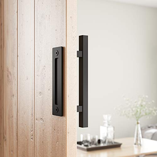 Smartstandard 10" Heavy Duty Sliding Barn Door Handle, Pull And Flush Set For Gate Kitchen Furniture Cabinet Closet Drawer, Black, Square #TOP3