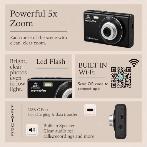 Image of LEQTRONIQ Atlas 4K Digital Camera for Photography & Vlogging | 64MP Autofocus Camera with 5X Optical Zoom, WiFi Sharing, Compact Point and Shoot Travel Camera for Beginners | 32GB Card & 2 Batteries
