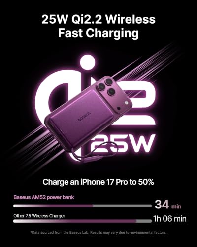 Image of Baseus Picogo AM52 MagSafe Power Bank, Qi2.2 25W 10,000mAh Magnetic Portable Charger, 0.6 inch Slim Built-in 45W USB-C Cable, Alloy Fast Charging Wireless Battery Pack for iPhone 17 /16 /15 /14 /13 /12 Only