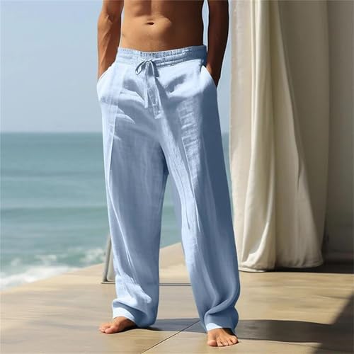 Men Linen Pants Summer Elastic Waist Drawstring Baggy Trousers Lightweight Beach Pants with Pockets2