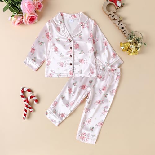 fyclemt Toddler Baby Boys Girls Silk Pajamas Set Christmas Tree Santa Button Down Shirts Pants Pjs Satin nightgown Sleepwear3