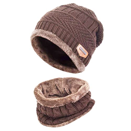 Owyee 2 Pièces Hiver Bonnet Chapeau Écharpe Ensemble, Tricot Chaud Doublure en Polaire Epaisse pour Femmes et Hommes (Kaki) Cover