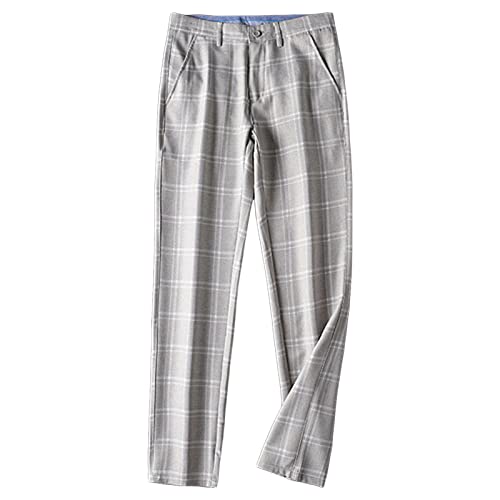 Men's Linen Plaid Casual Pants Fashion Stretch Dress Pants Plaid Pants Business Suit Golf Relaxed
