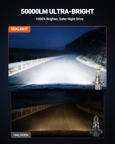 Image of SEALIGHT 9008 /H13 LED Bulb, 10X Brighter 50,000LM Super Output, 1:1 Size No Adapter Required, 6500K White, 70000Hrs Long Lifespan with IP68 Waterproof, Non-Polarity Plug and Play, Pack of 2