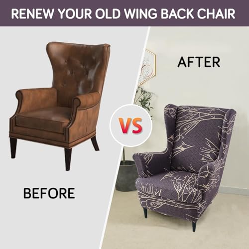 Image of HOKIPO 140 GSM Fully Covered Wingback Chair Cover, Dark Coffee Twigs (NEW-5135-D2)