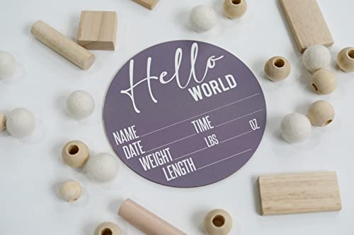 Image of Baby Announcement Sign for Newborn Boys and Girls (Color Bases) - Hello World Nursery Decor Sign & Photo Prop for Babies Made of Birch Wood - 6 inch Circle Board (Purple)