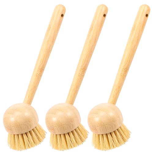 3 Pcs Dish Brush with Handle, Wood Dish Scrubber, Efficient Plate Scrub Brush, Dishwashing Scrubber, Reusable Dishs Cleaning Brushes, Portable Bamboo Dishs Scrub for Cleaning Pots Pan