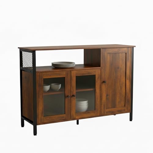 Armario de Cocina Relaxdays con Puertas de Cristal, HBT: 75 x 110 x 33 cm, aparador Industrial, marrón Oscuro/Negro